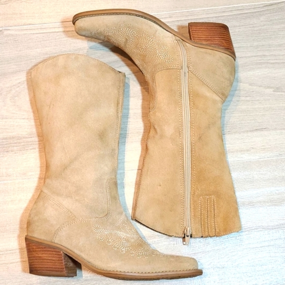 Women’s Suede Mid-Calf Heeled Boots in Beige. Very comfortable.